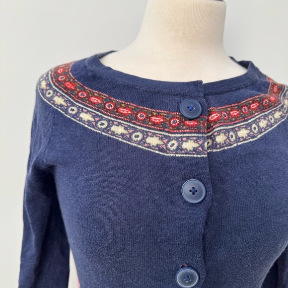 Anthropologie Sparrow Navy Knit Cardigan with Red and Cream Folk Trim Size S - Picture 3 of 11